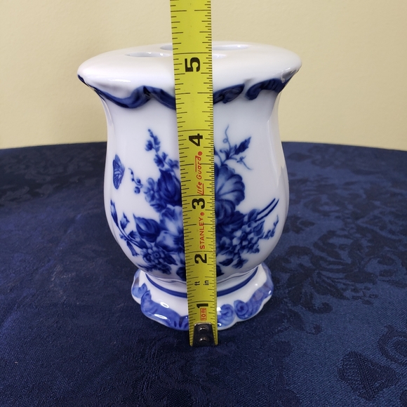 Blue White Toothbrush Holder Porcelain Vintage 5" Flow Blue NOS Bathroom Vase - Picture 9 of 9